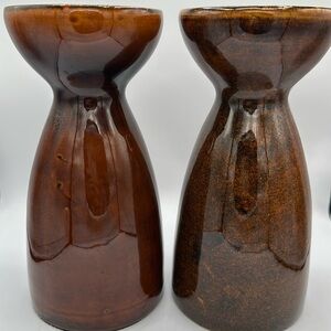 Brown glazed Mid-Century Modern tall ceramic candle holder set